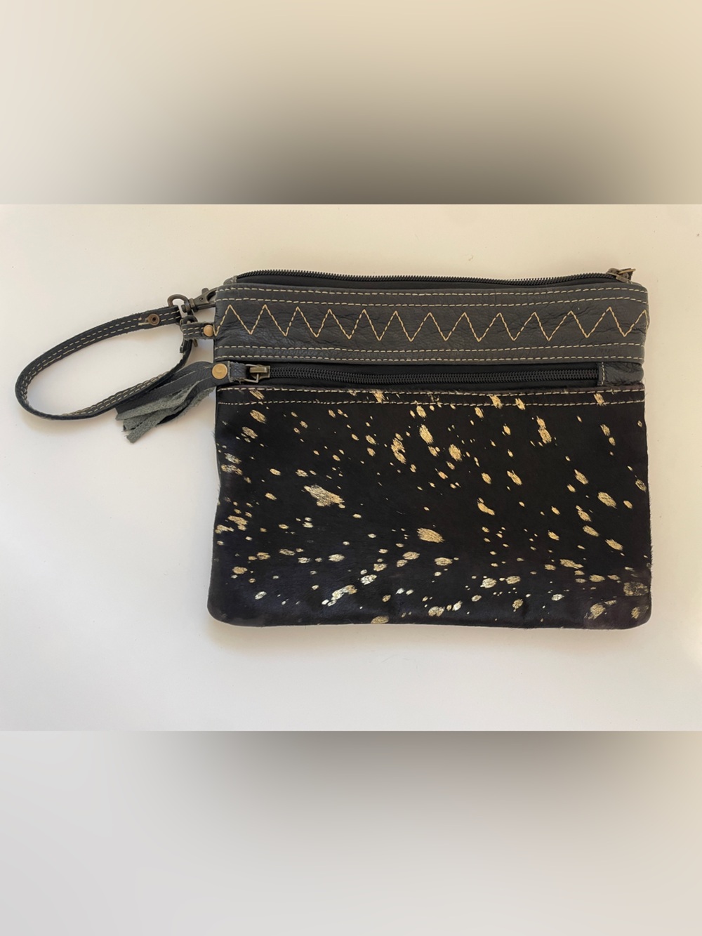 Myra Bag Black & Gold Metallic Speckled Cowhide Leather Wristlet Clutch Bag